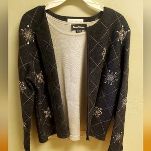 Petite Sophisticate snowflake beaded embroidered wool cardigan sweater